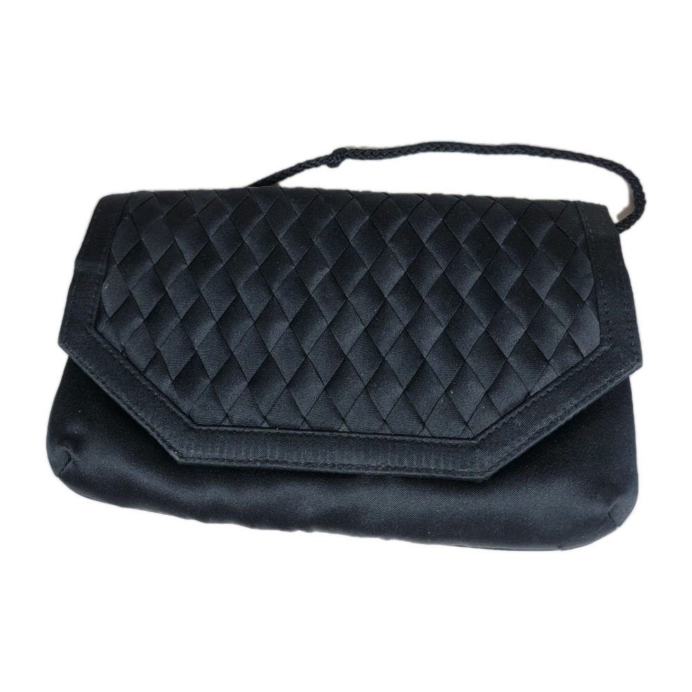 Black Clutch Evening Bag W/Braided 21" Strap Weave Detail Envelope Style